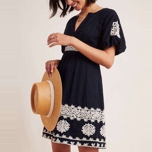 Anthropologie Orla embroidered navy dress